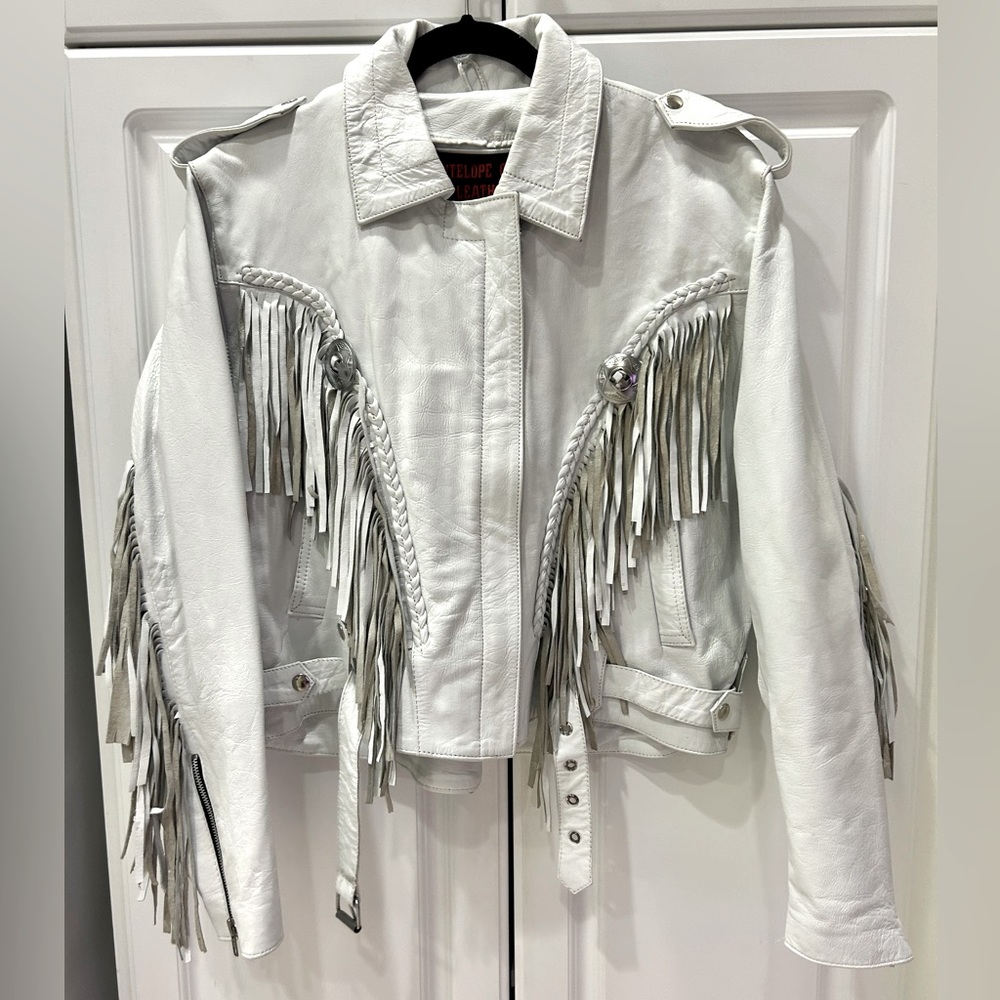 Vintage Antelope Creek White Leather Fringe Jacket